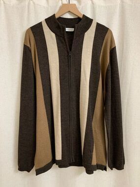 Bachrach Italy 100% Merino Wool Brown Full Double Zip Vertical Stripe Sweater XL